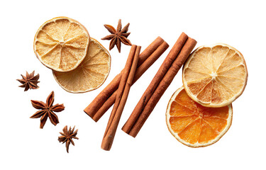Dried orange slices, cinnamon sticks, and star anise, arranged on a black background