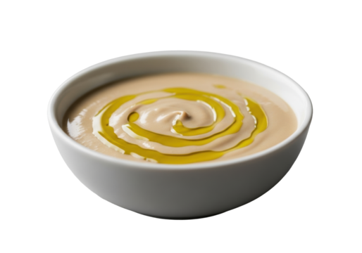 A small white bowl of creamy light brown tahini drizzled with golden-green olive oil on a grey studio surface with soft bokeh, concept of appetizing gourmet food