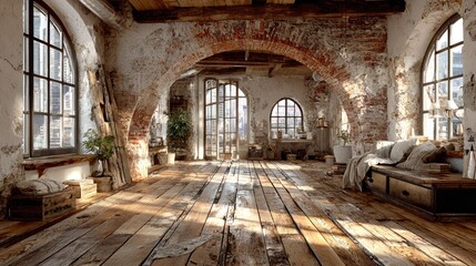 Fototapeta premium Rustic loft interior, sunlit, arched brick walls