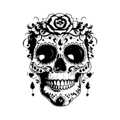 Fototapeta premium Skull Of The Dead Vector Illustration Design.Mexican Floral Skull Vector illustration ,flowers, vine, leaves.Ornate floral skull design white intricate and symmetrical details.