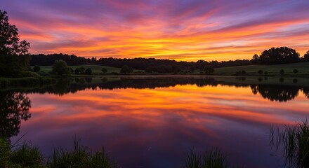 Fototapeta premium Stunning sunset reflecting on tranquil lake, perfect for inspiring calm and peaceful reflection moments