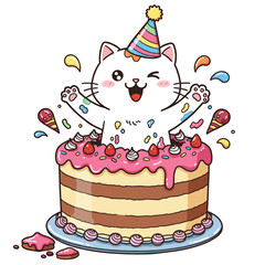A happy white cat wearing a colorful party hat sits inside a giant layered cake topped with strawberries and sprinkles, with confetti flying all around