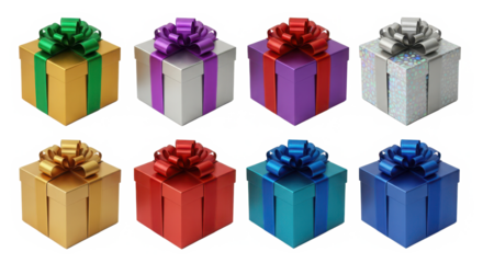 Collection of eight colorful festive gift boxes with ribbons and bows arranged in two rows isolated on transparent background