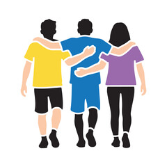 Three friends walking together with arms around shoulders