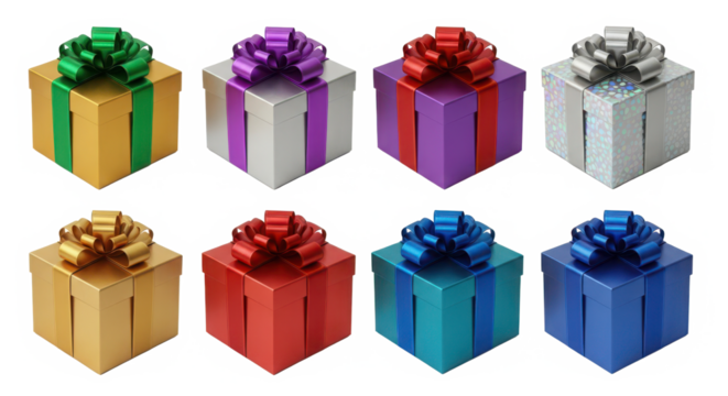 Collection of eight colorful festive gift boxes with ribbons and bows arranged in two rows isolated on transparent background