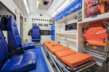 Interior view of the patient compartment of an ambulance.