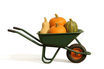 Green wheelbarrow with assorted pumpkins and gourds, isolated on transparent background