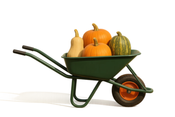 Green wheelbarrow with assorted pumpkins and gourds, isolated on transparent background