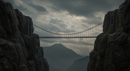Suspension bridge spanning a chasm between rocky cliffs under a cloudy sky with mountain backdrop