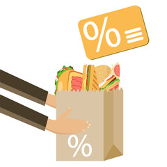 Food delivery packet of fast food gold supermarket loyalty card vector illustration design isolated