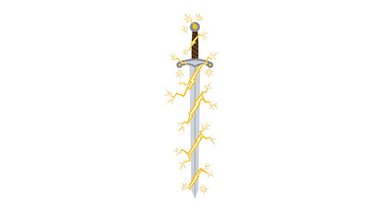Isolated cartoon illustration of a powerful sword emitting magical lightning strikes