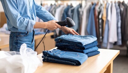 A retail worker in a clothing store scans a stack of folded blue jeans with a barcode scanner.