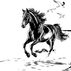Black and White Illustration of a Galloping Horse by the Seaside