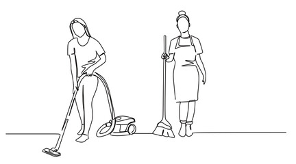 continuous line art of a housewife cleaning the floor with a vacuum cleaner and broom
