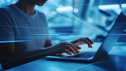 Close up of a person s hands typing on a laptop keyboard with a futuristic blue digital network overlay creating a sense of connectivity and technology