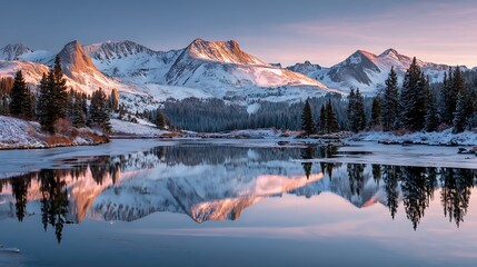 Mountain lake reflecting snow capped peaks at twilight stunning serene nature scene soft gradient light
