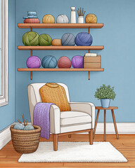Cozy Knitting Nook Illustration