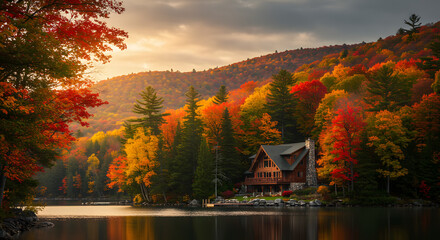 Obraz premium Autumn lake cabin view with fall foliage and trees reflections in water at sunset in the mountains
