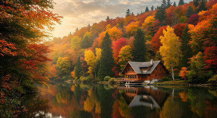 Autumn lake cabin landscape fall foliage forest reflection trees scenic nature travel destination beautiful view