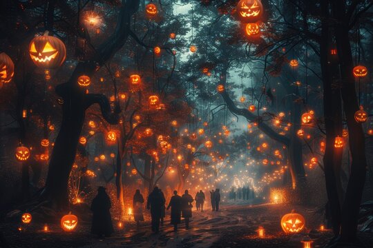 Enchanting halloween forest pathway illuminating spooky night with glowing jackolanterns and silhouetted figures wandering through autumnal mystery