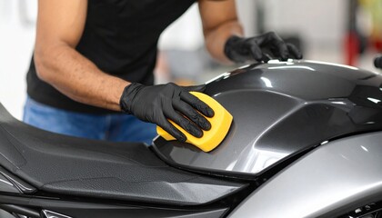 A person in black gloves carefully polishes the grey fuel tank of a motorcycle with a yellow sponge applicator.