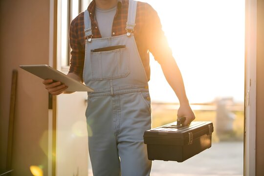 Skilled tradesperson wearing denim overalls and plaid shirt walks through a doorway holding a toolbox and tablet with warm sunlight illuminating the scene