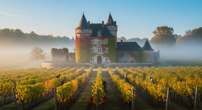 Vineyard chateau france estate wine grapes fog vines autumn landscape travel scenic tourism european countryside