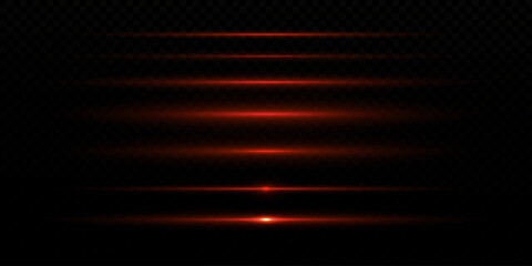 Futuristic Red Neon Light Beam with Horizontal Glow and Flare. Shiny Light Streak Effect, Glowing Line Trail and Flash on Transparent Background for Abstract or High-Tech Vector Illustration