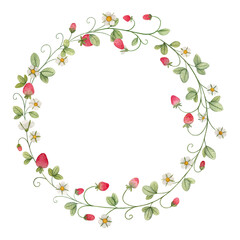 Hand-painted watercolor strawberry wreath – round botanical frame with strawberries, leaves and branches on transparent background for wedding invitations, labels, packaging and summer designs