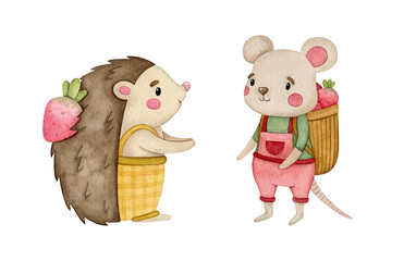 Hand-painted watercolor summer animal illustration – cute mouse with strawberry basket and hedgehog with berries on back in overalls for children's design, nursery prints and seasonal packaging