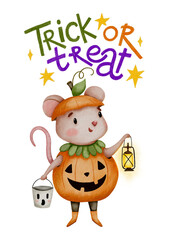 Cute Halloween mouse illustration – hand-painted baby mouse in pumpkin costume holding a lantern and candy bucket with handwritten trick or treat lettering for spooky kids design and seasonal prints