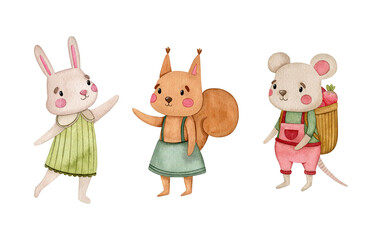 Cute summer animal characters illustration – hand-painted bunny in green dress, squirrel in skirt and mouse with strawberry basket for children’s design, nursery prints and seasonal packaging