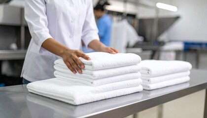 An anonymous laundry service worker neatly stacks clean, folded white towels on a metal counter.