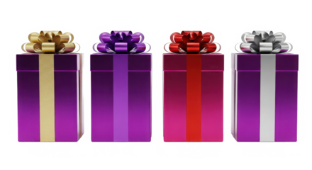 Four tall rectangular gift boxes with shiny metallic bows in gold purple red and silver isolated on transparent background