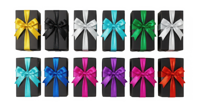 Collection of tall cylindrical gift boxes with colorful satin ribbons and bows in various shades isolated on transparent background