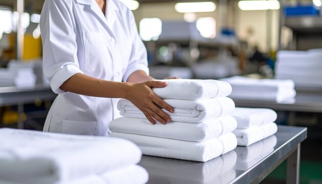 A laundry employee in a white uniform neatly stacks fresh, clean, folded white towels on a stainless steel table.