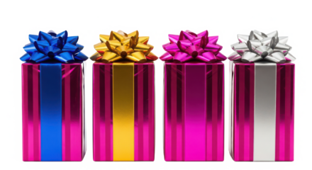 Four tall cylindrical gift boxes with vibrant pink wrapping and decorative bows in blue gold pink and silver isolated on transparent background