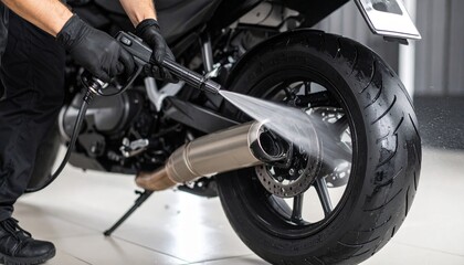 A person wearing black gloves uses a high-pressure washer to clean the rear wheel of a motorcycle.