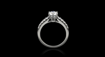 Close up view of a white gold engagement ring with a large diamond on a black isolated background