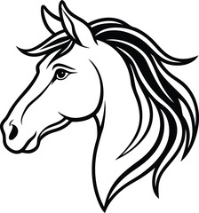 A simple black silhouette drawing of a mustang horse's head with a flowing mane, perfect for a tattoo or vector design