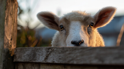 Obraz premium Curious Sheep Fence Soft Morning