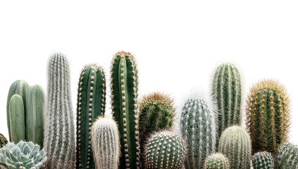 Diverse cacti and succulents line up against black background