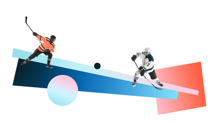 Creative collage of two male hockey players in action on geometric background with opposing colors. Concept of sports posters, arena design, youth branding, digital platforms, motivation.