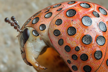 Close-up of a vibrant orange beetle with distinctive black polka dots, showcasing intricate details of its exoskeleton and antennae.
