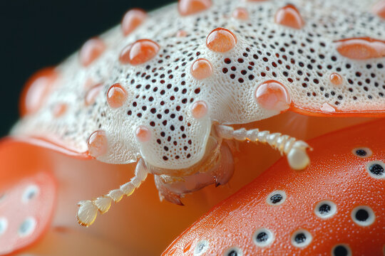 Close-up of a unique insect with a white and orange patterned exoskeleton, showcasing intricate details.