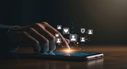 Person using smartphone with holographic user interface icons floating above screen.