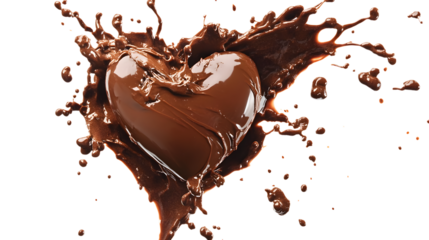 A heart made of chocolate is splattered with chocolate. The splatter looks like it's raining chocolate