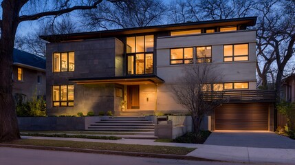 Contemporary suburban home at dusk, warm interior lights glowing through the windows.