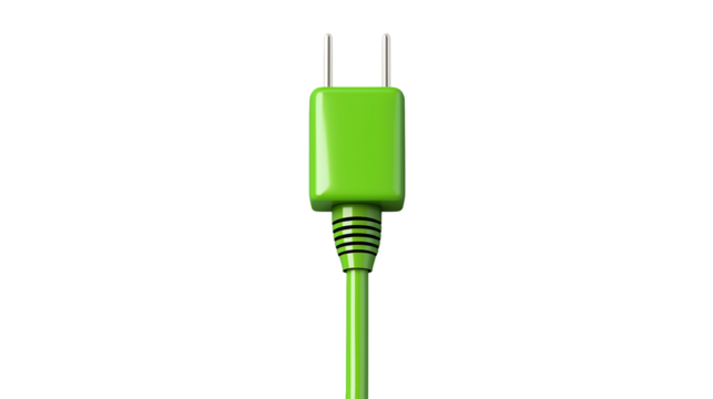 A green cable, isolated on white background as a transparent PNG, featuring flexible insulation and realistic electrical or data connection details.