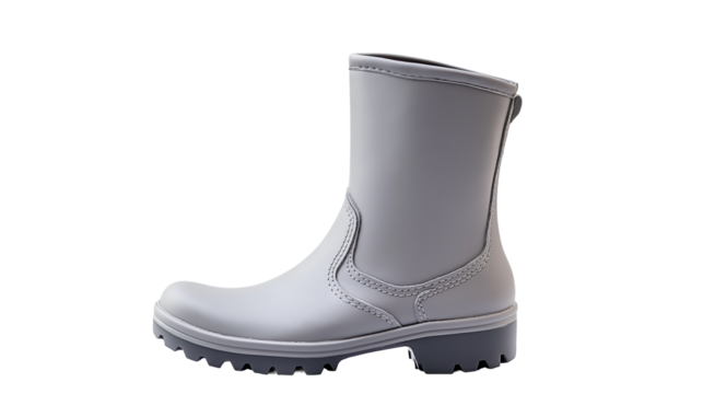 A gray rubber boots standing upright on a white or transparent png background.